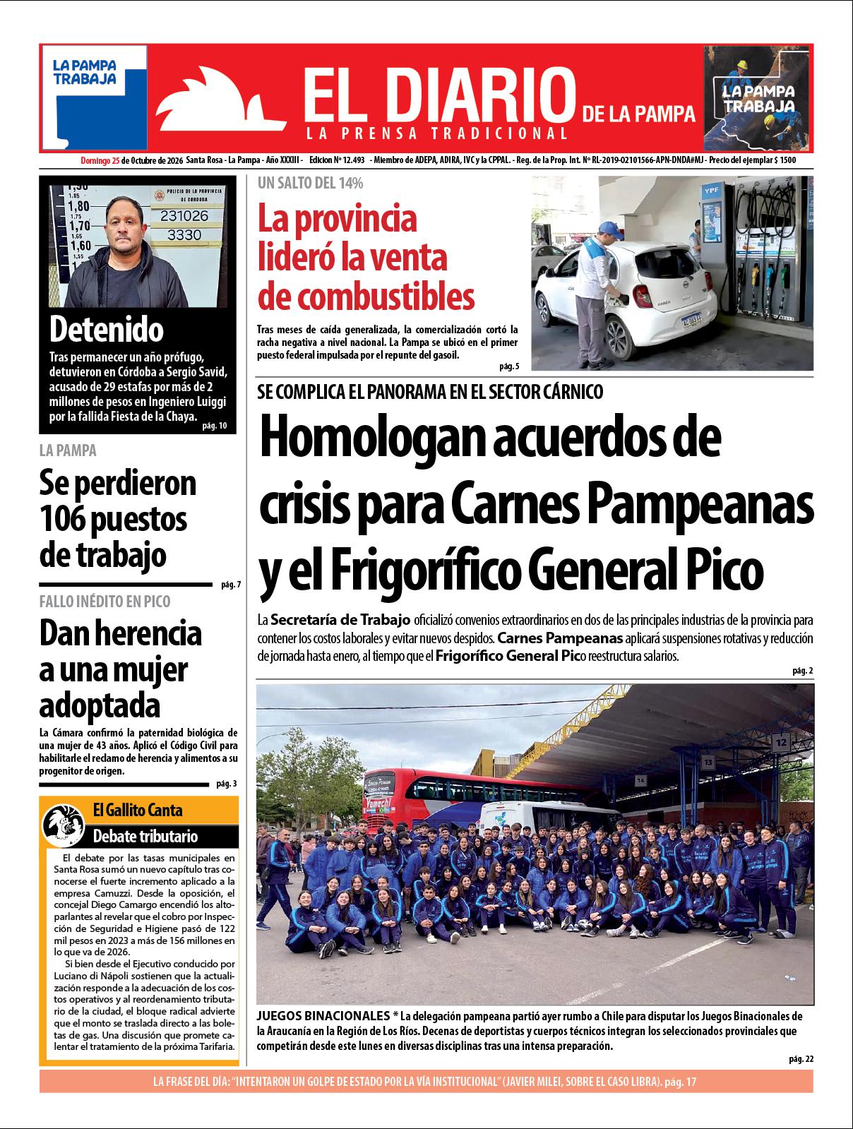 Tapa de El Diario en papel  domingo 25 de octubre de 2026